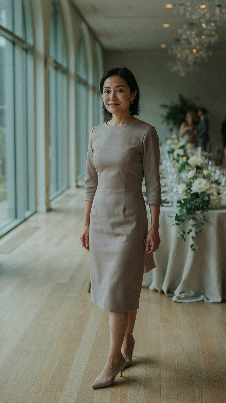 A woman over 40 in a neutral dress walks confidently through an event space.