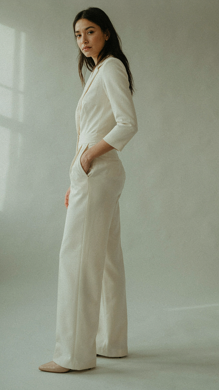Woman in a jumpsuit subtly twists, hand in pocket, defining her waist.