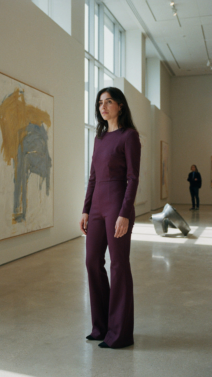 A woman in a purple jumpsuit stands confidently with rotated shoulders.