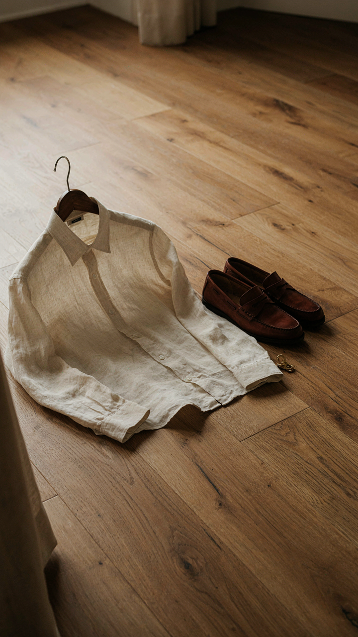 A tailored linen camp collar shirt and premium leather loafers, ready for a casual cocktail attire