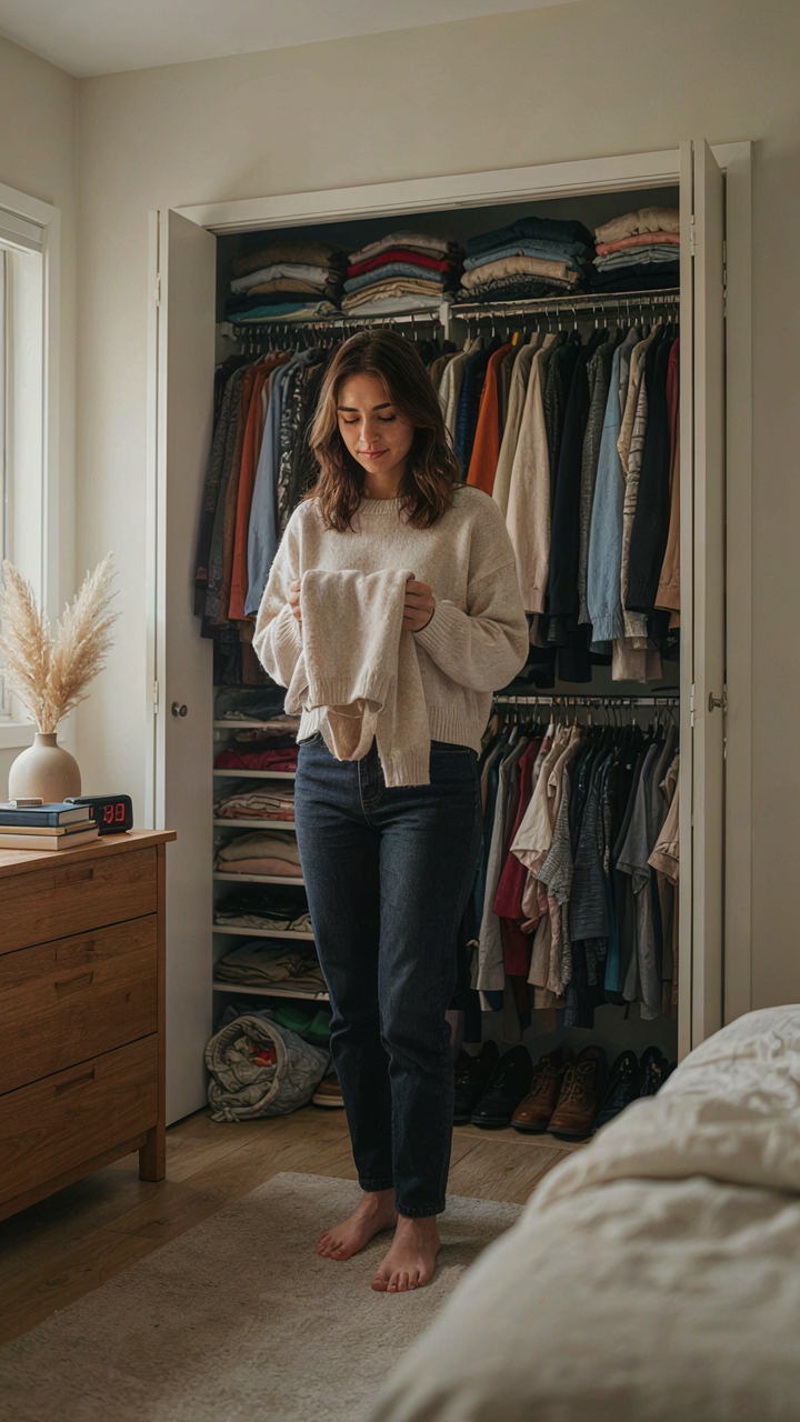 A woman looks stressed in front of a messy closet at 6 PM.