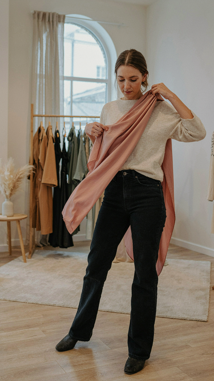A hand tests crepe fabric for drape and recovery on a shoulder.