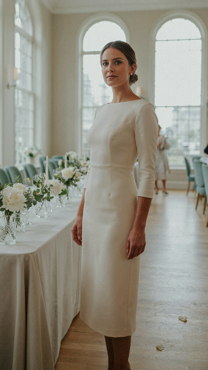 Woman in a structured midi dress confidently standing in an event space.