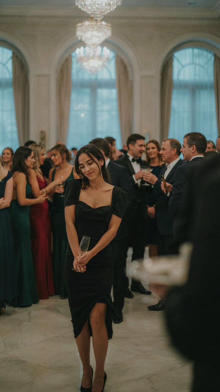 A woman in a ill-fitting black dress standing awkwardly at a party.