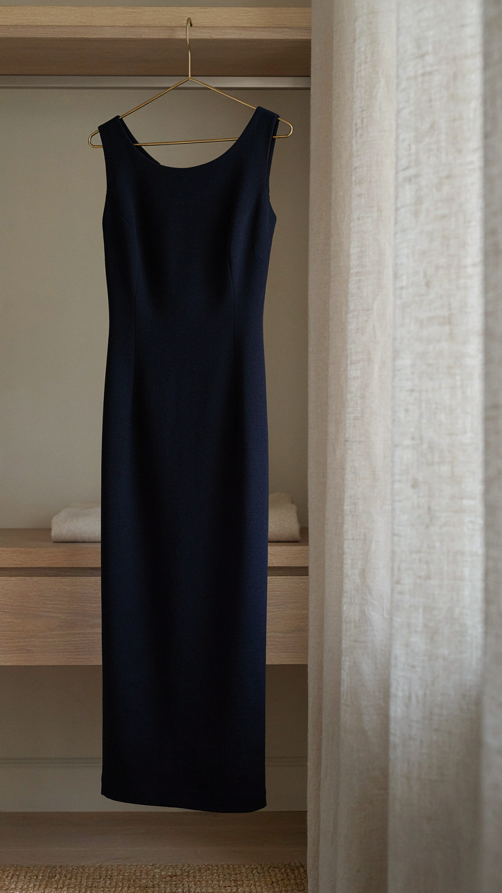 A single, perfectly fitted, simple navy sheath dress in a closet.