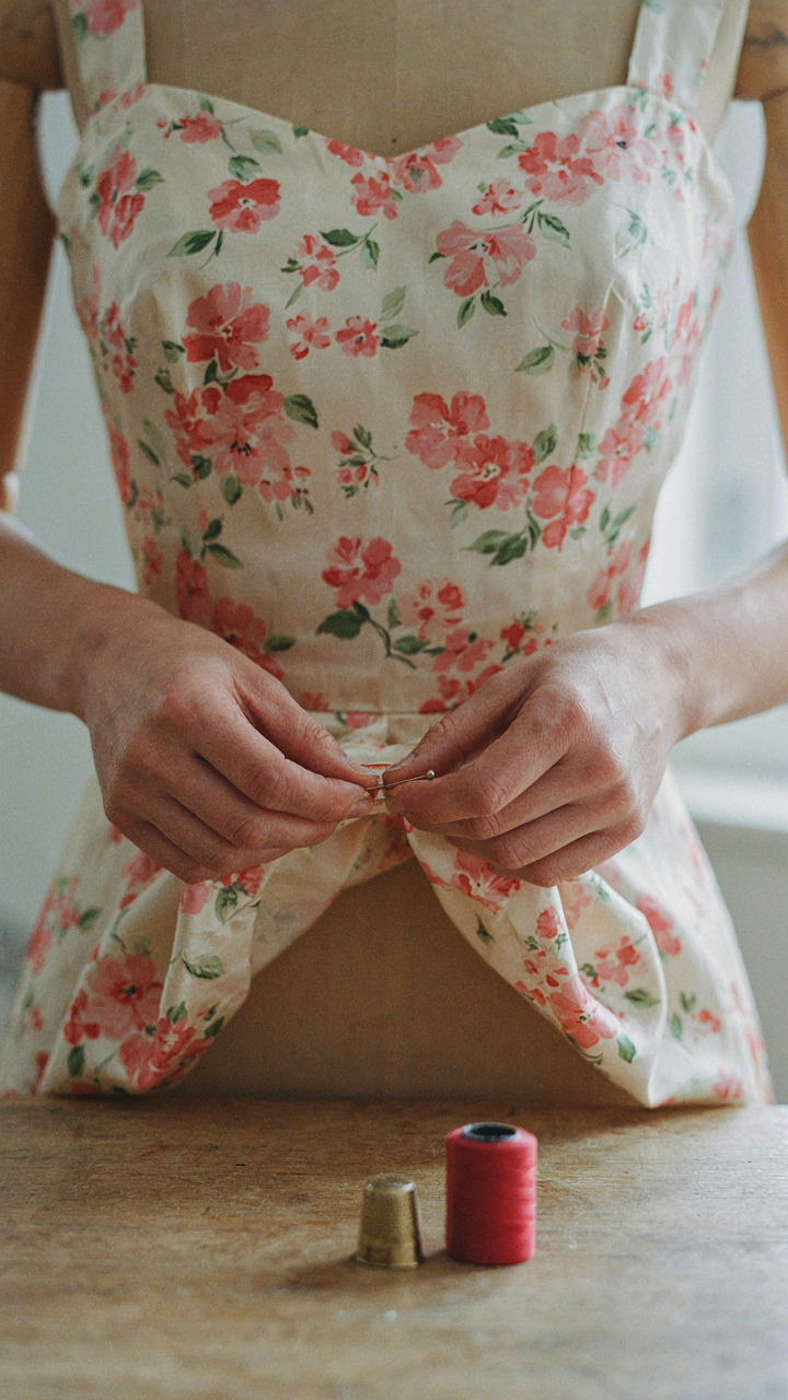 A tailor carefully adjusts the bottom edge of a floral cocktail dress.