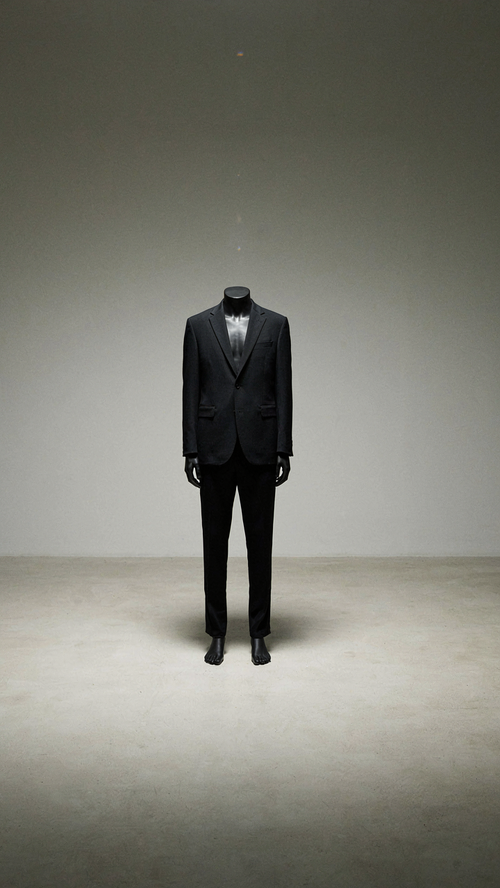 A single spotlight illuminates a perfectly fitted black blazer on a mannequin.