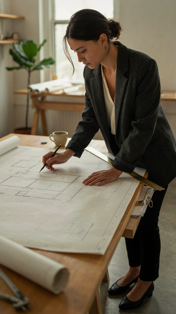 A female architect sketching a blueprint for a building with strong and flowing lines.