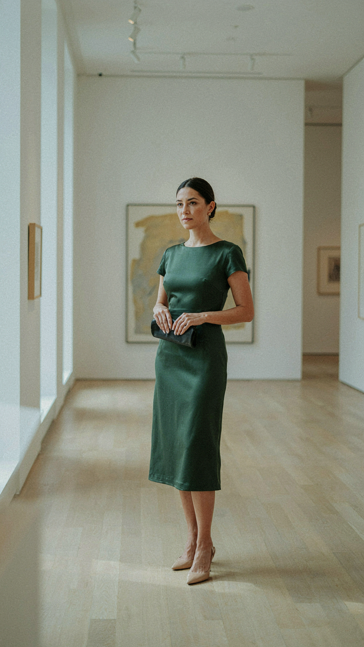 Woman in a forest green satin cocktail dress holding a structured black clutch.