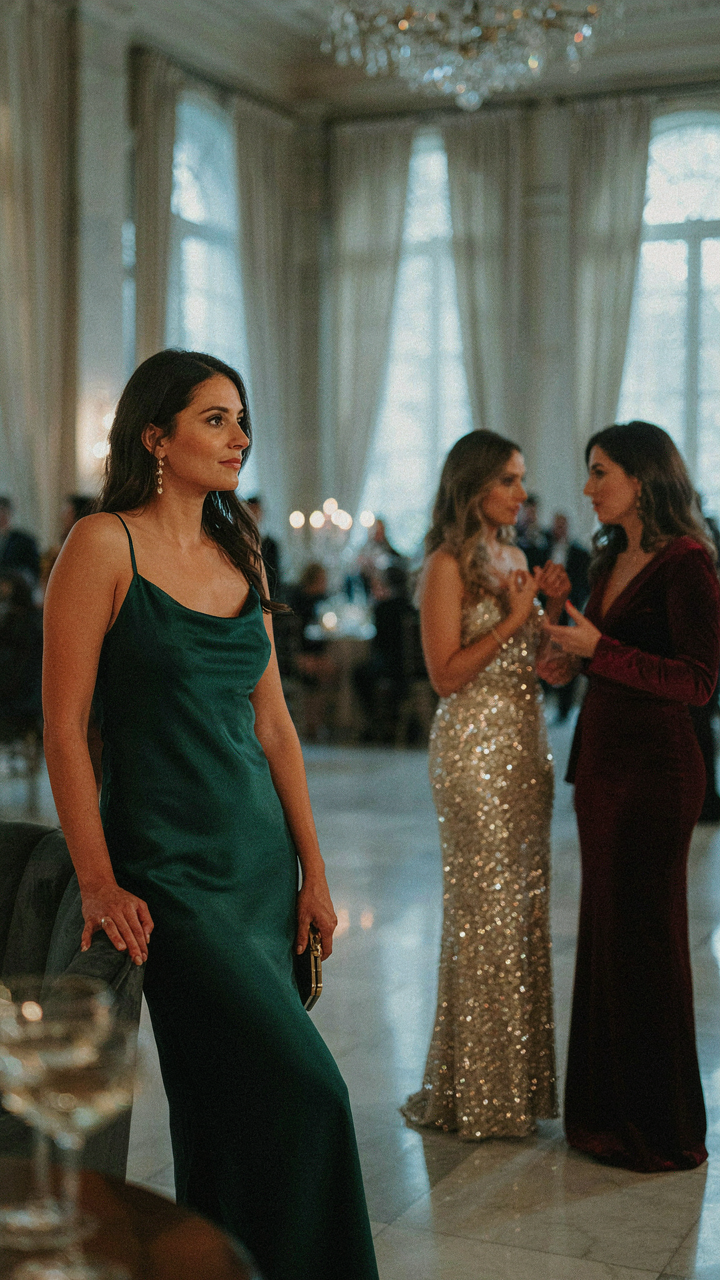 A woman subtly observes others' evening attire at a formal event.