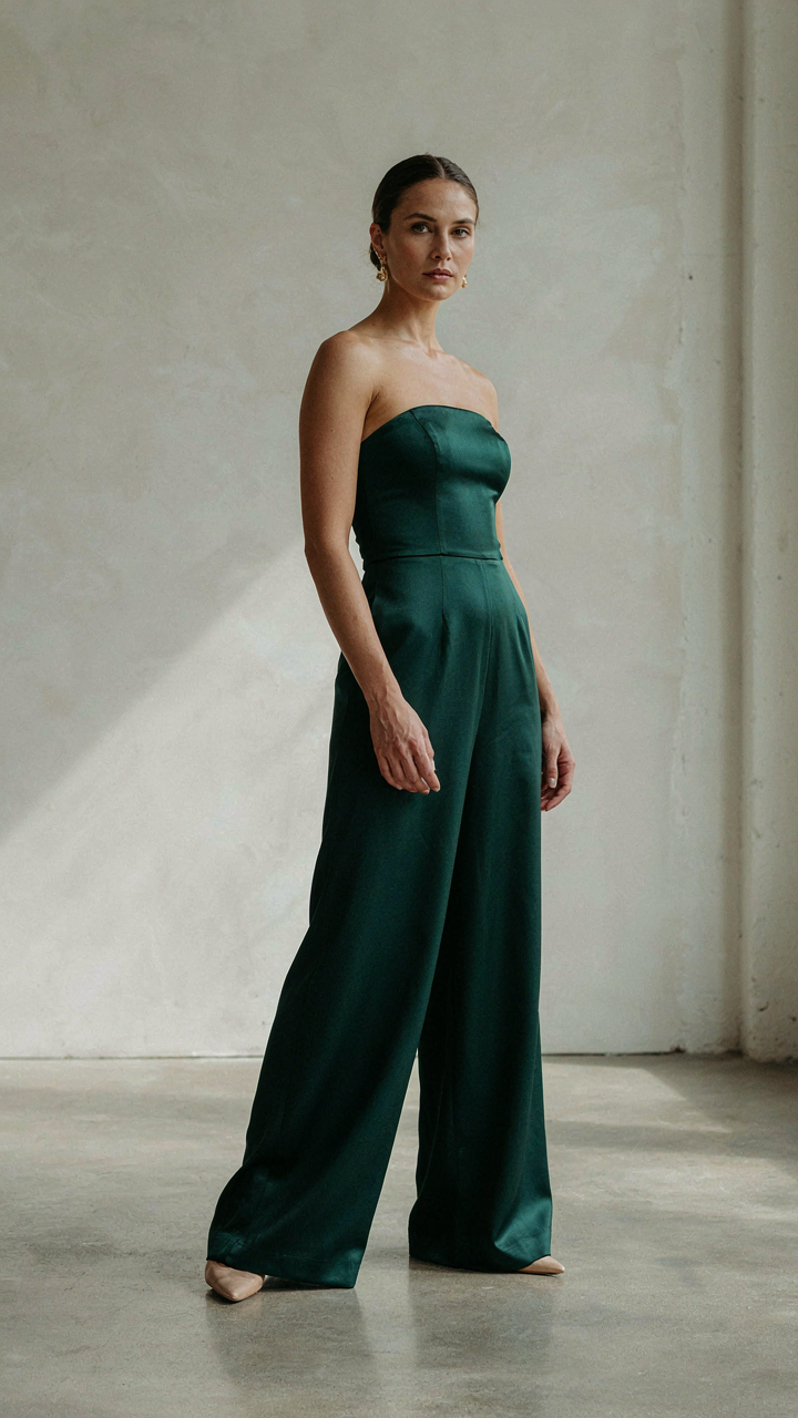 A woman in a wide-leg strapless jumpsuit shows relaxed, confident posture.