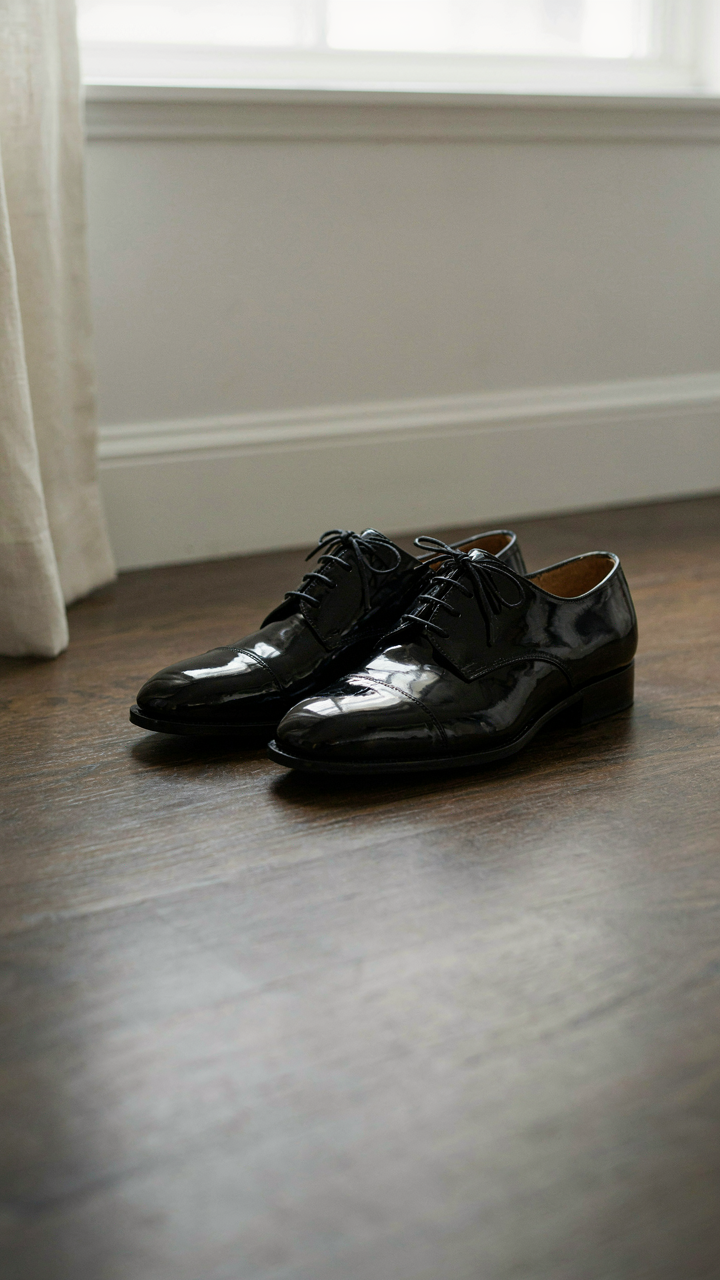 Close-up of pristine black patent leather oxfords reflecting light on a dark floor.