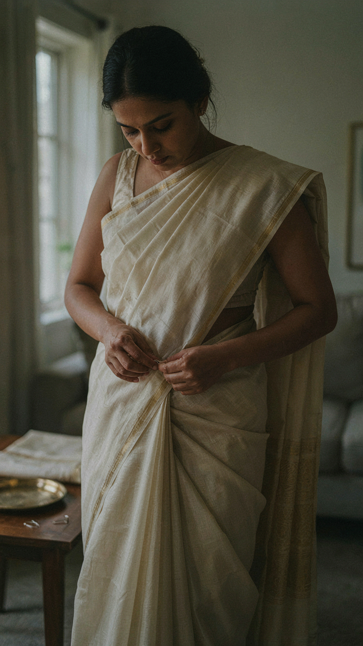 A woman meticulously pins pleats of a silk saree for a polished look.
