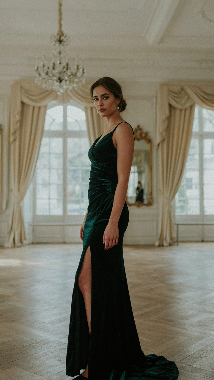 Woman in a dark, floor-length gown with an asymmetrical slit in a grand ballroom.