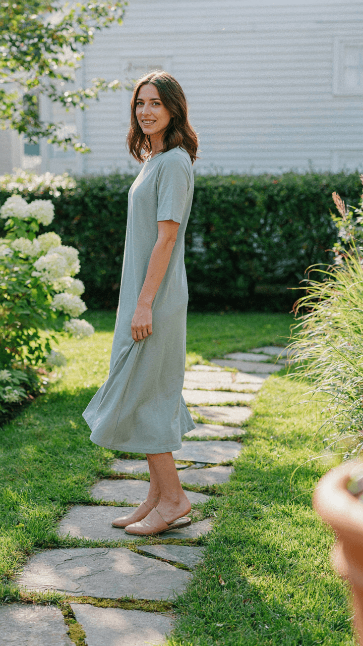 Woman in a comfortable midi dress steps over a garden path with ease.