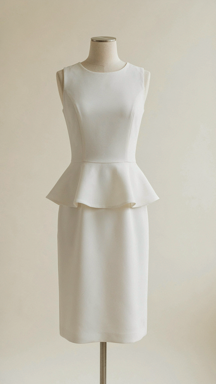 A pristine white peplum cocktail dress is displayed on a mannequin.