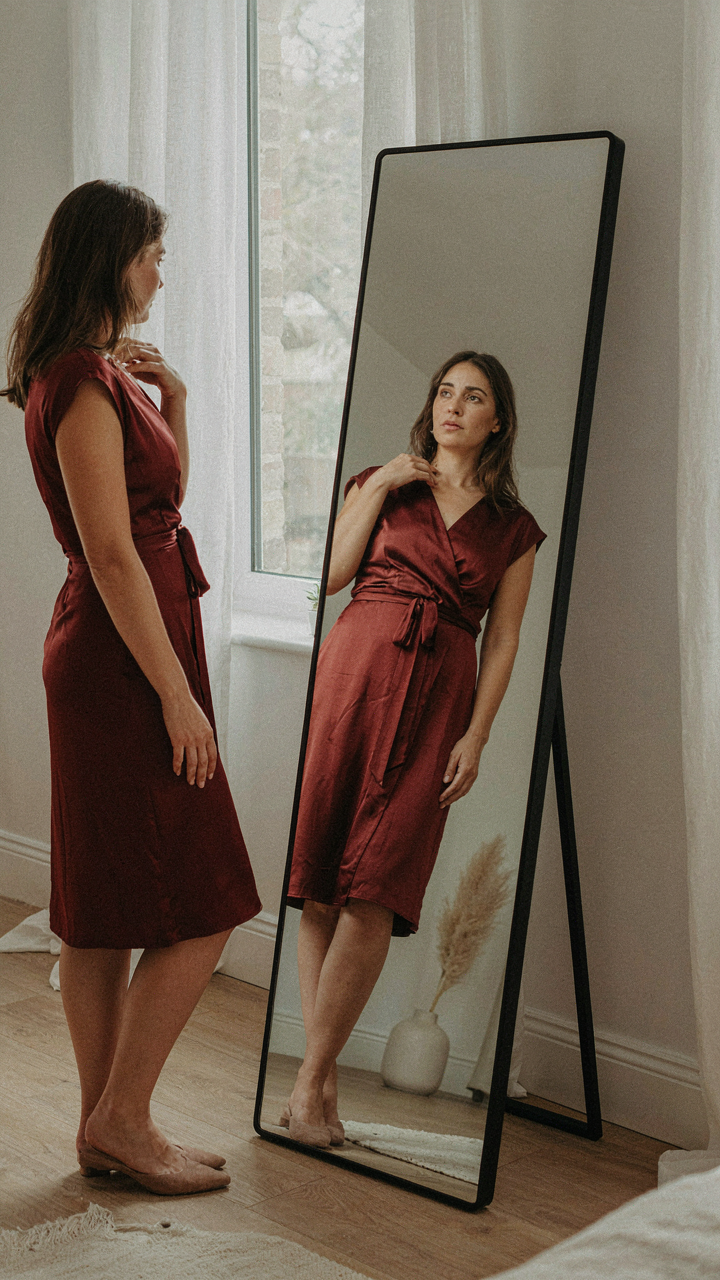 A woman looks at her reflection in a mirror, wearing a wrap cocktail dress.