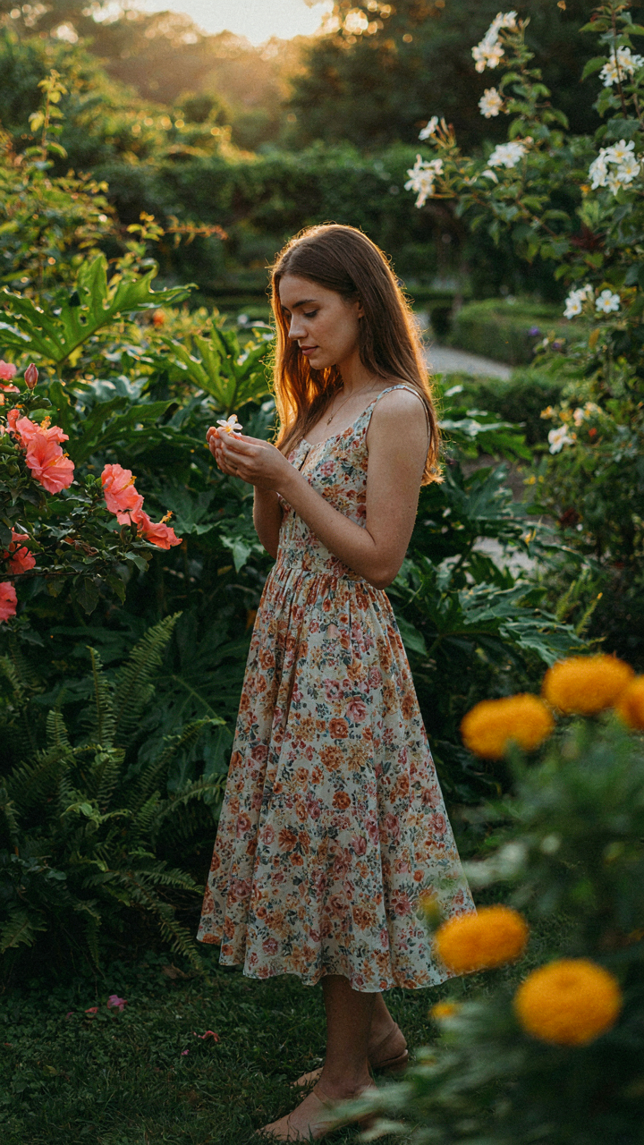 A woman in a floral midi dress poses gracefully in a beautiful garden at sunset.