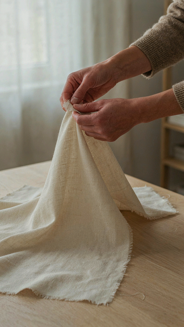 A hand inspects the texture and drape of a merino wool blend fabric.