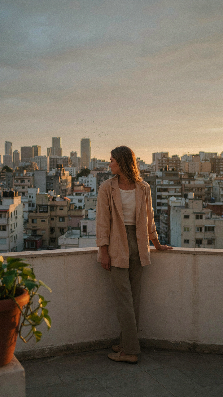 A person on a rooftop wears an unbuttoned blazer as the sun sets, adapting to temperature.