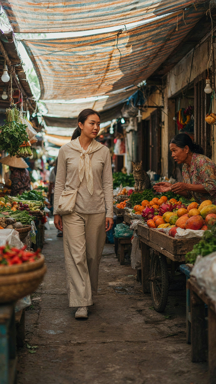 A solo traveler in merino wool and a scarf, walking through a market.