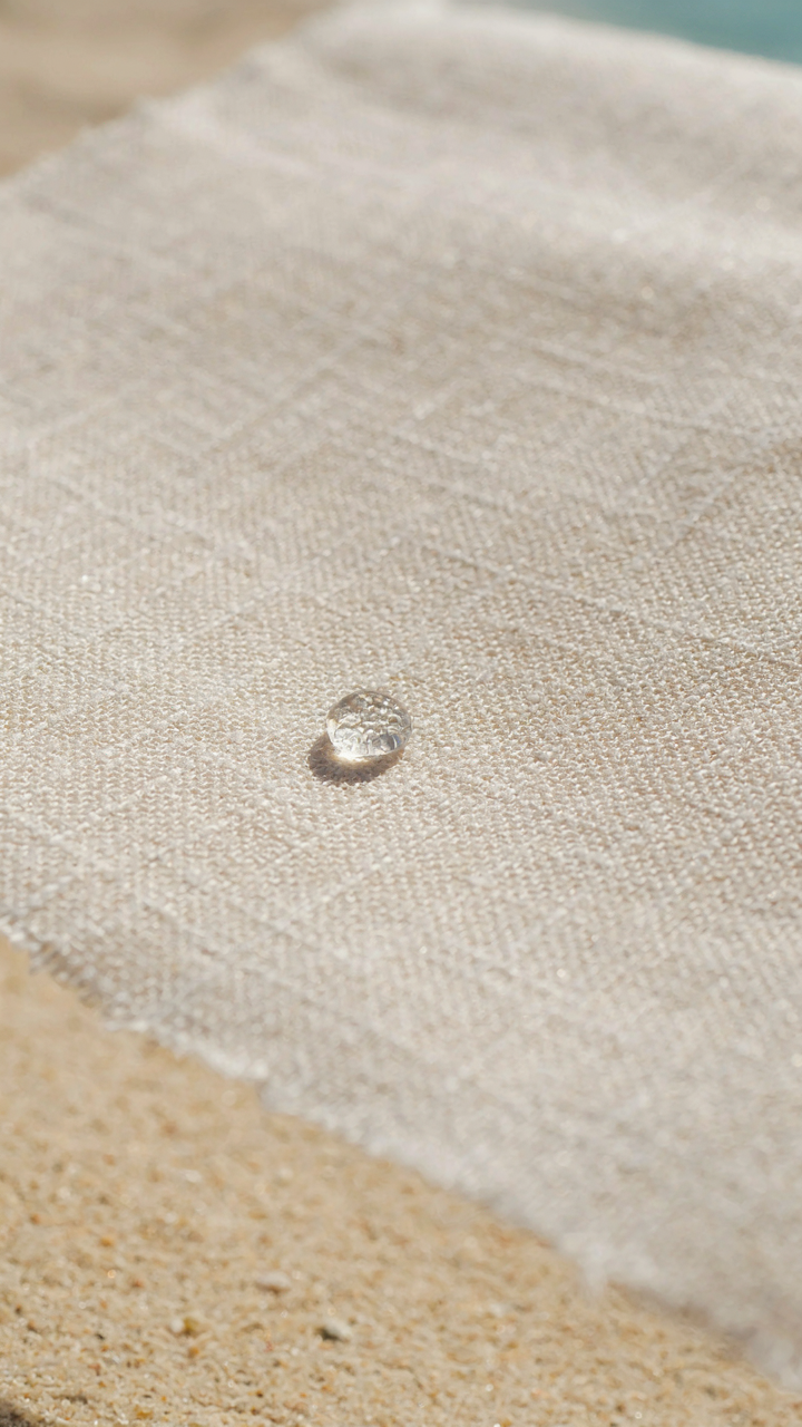 Close-up of a high-thread-count cotton blend fabric resisting humidity.