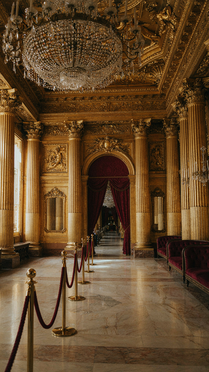 The opulent, gilded lobby of an old opera house with plush seating.