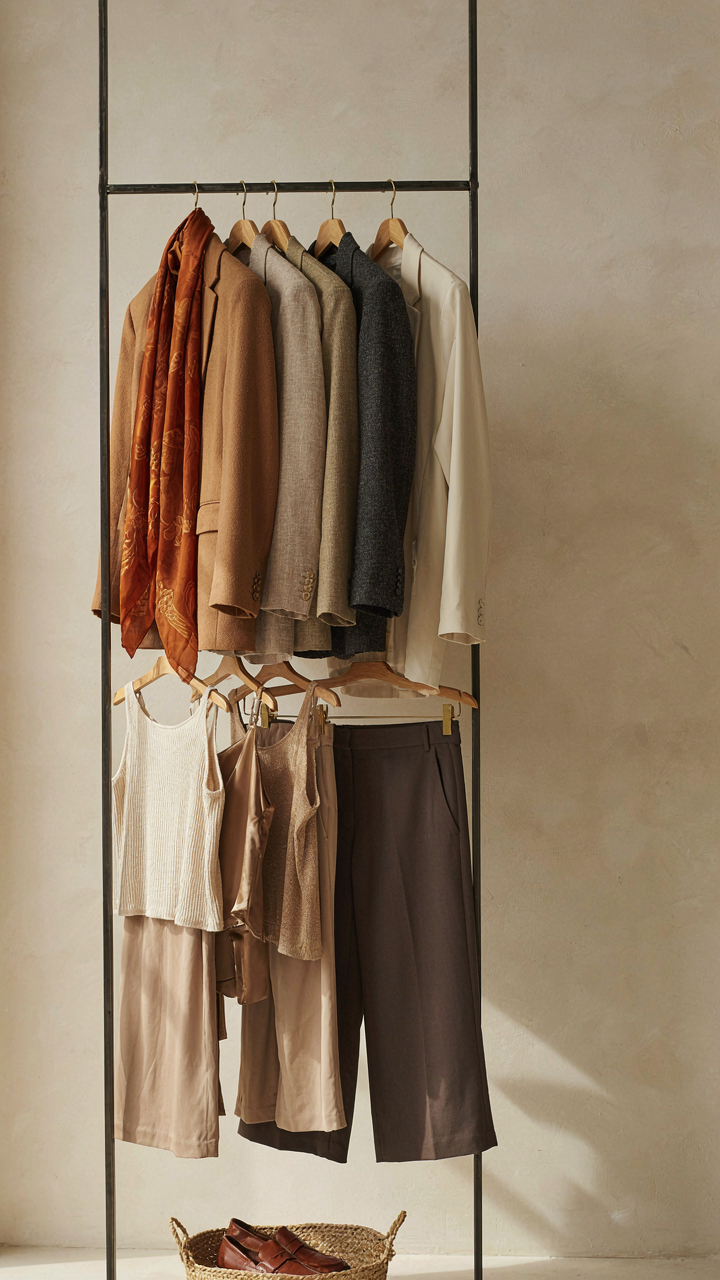 A small, neat capsule wardrobe hangs on a rack, showing neutral clothing items.