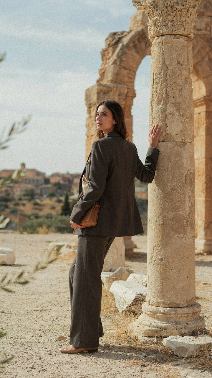 A solo traveler in a blazer leans against an ancient ruin, looking away.