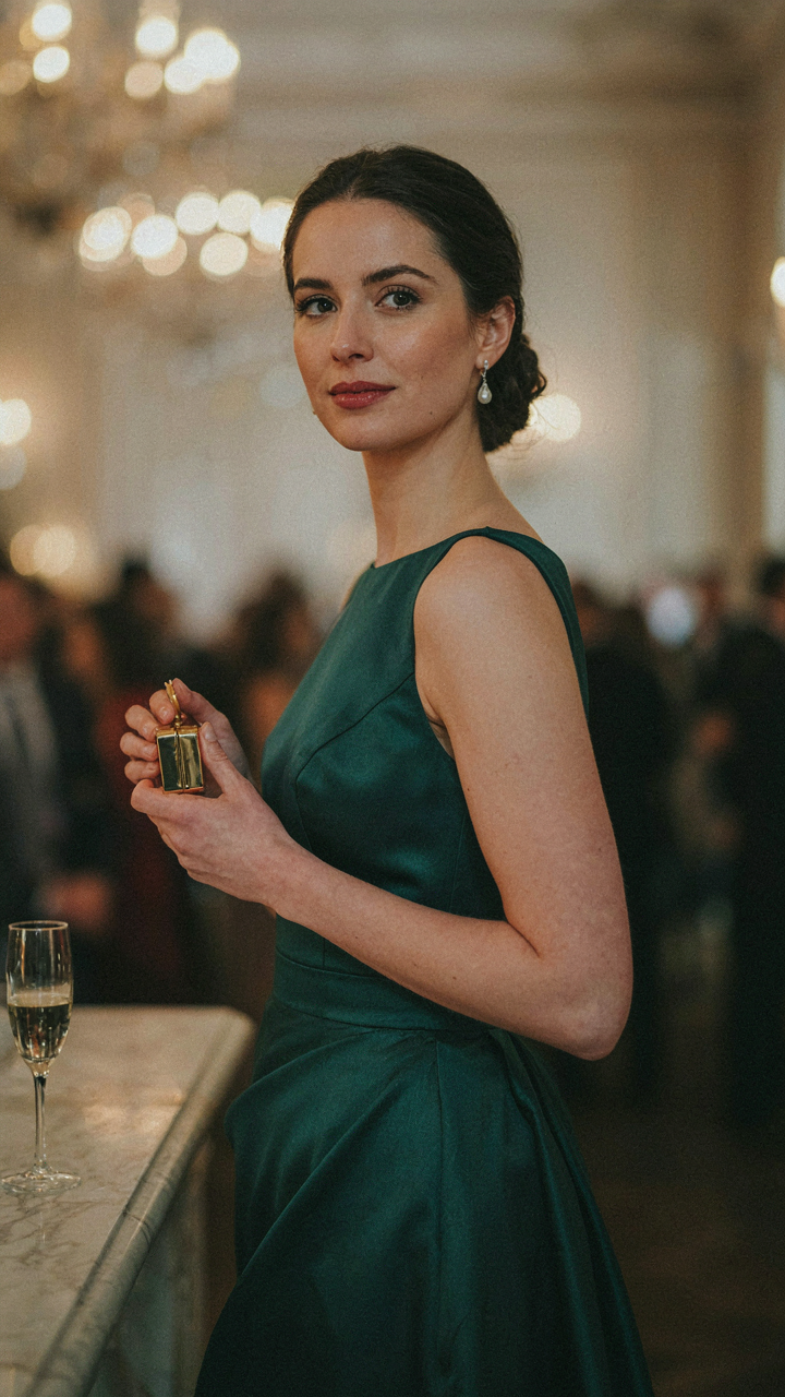 An elegant woman holds a tiny, structured handbag at a formal event.