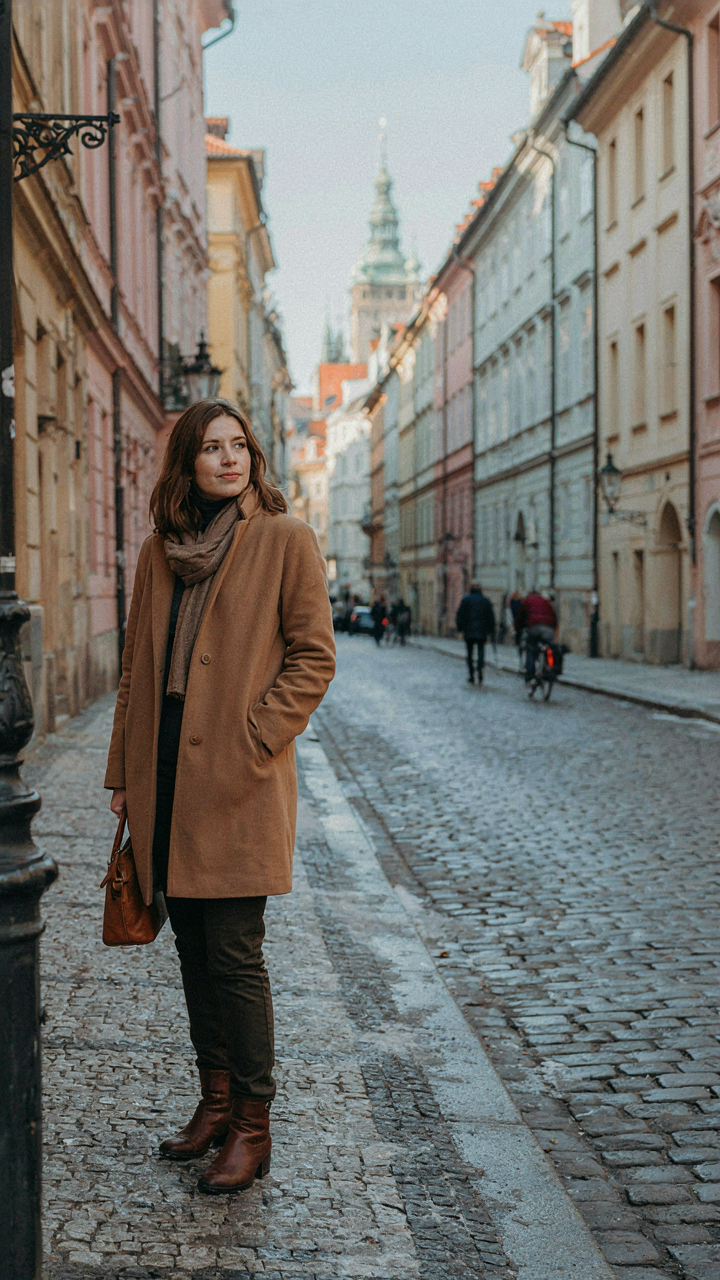 A person in practical winter clothes standing on a bustling street in Prague.