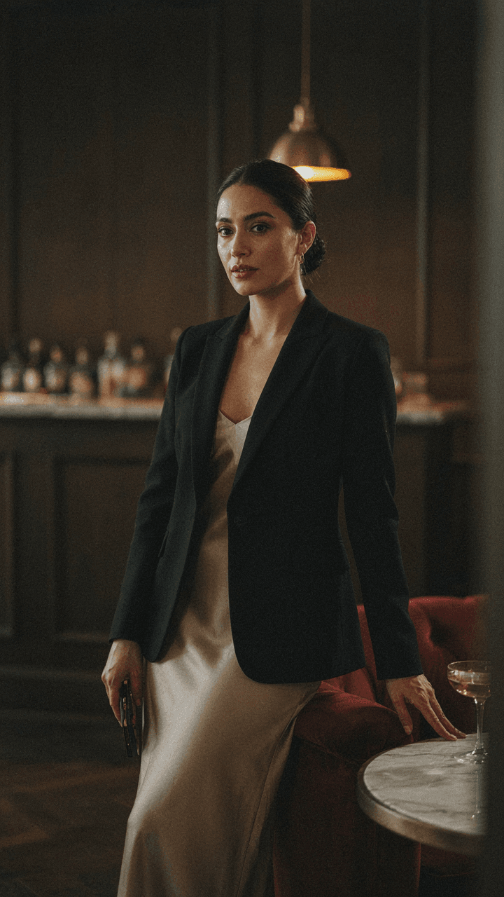 A woman in a perfectly fitted matte black blazer stands in an evening lounge.