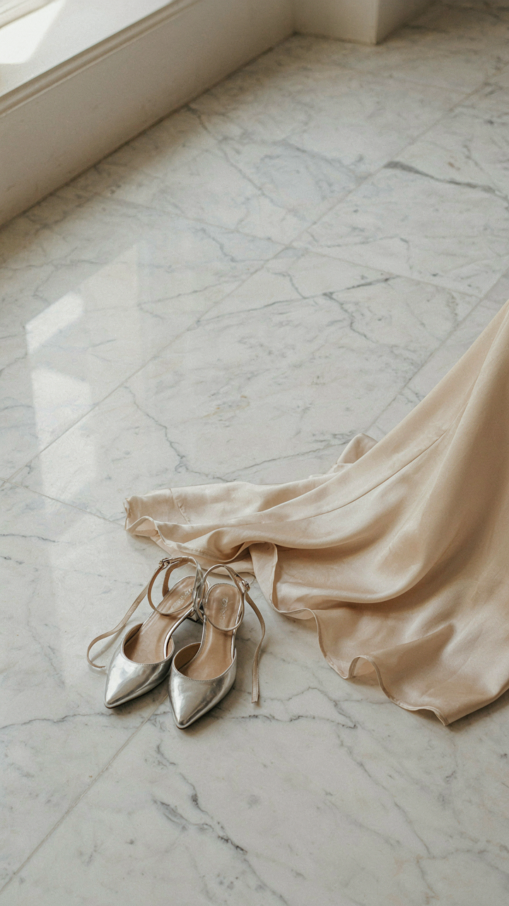 Metallic flats and a cocktail dress on a marble floor show intentional shoe choices.