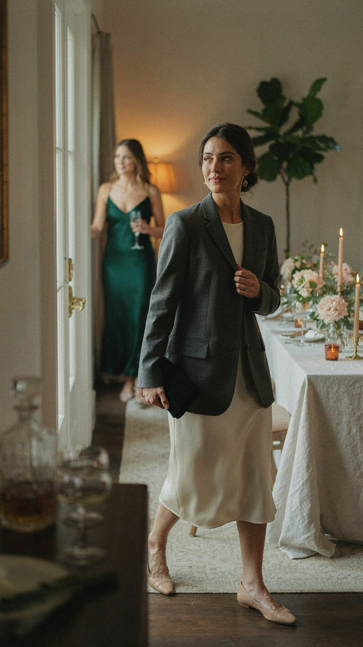 A woman in a dressy casual outfit arrives at a sophisticated home party.
