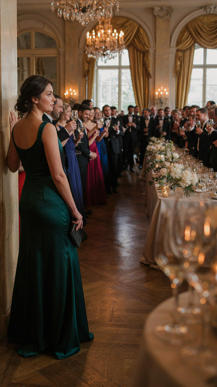 Woman observing guests in a grand ballroom to gauge formal attire.