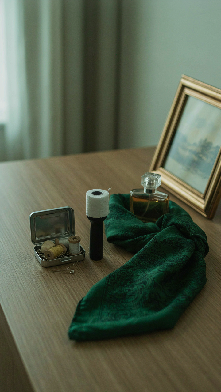 A sewing kit, lint roller, and silk scarf sit on a hotel dresser.