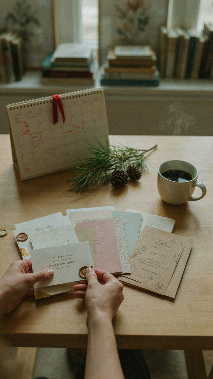 Holiday party invitations are sorted into formal, semi-formal, and casual piles on a desk.