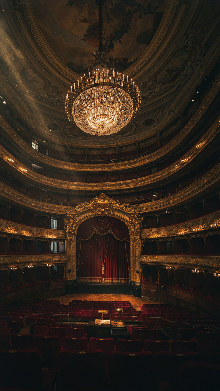 A grand 19th-century opera house interior with ornate gold details.