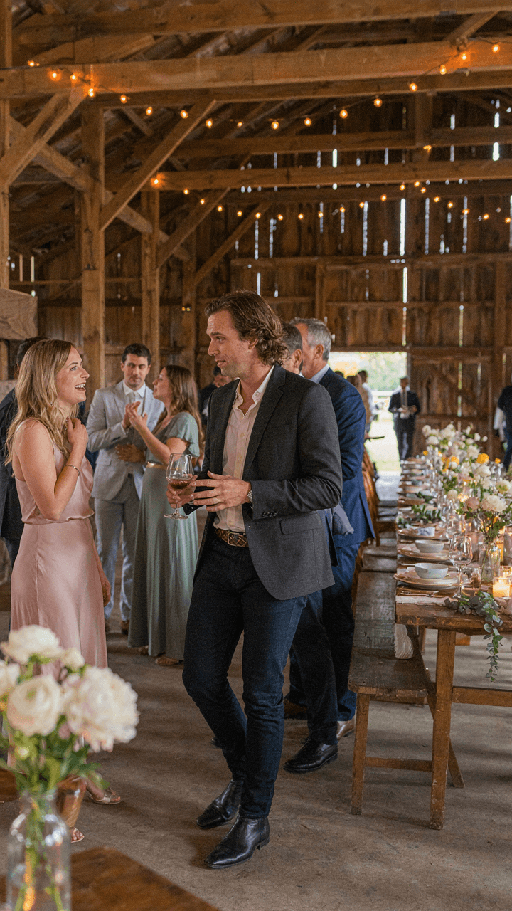 A guest in tailored jeans, a blazer, and a unique belt at a barn wedding.