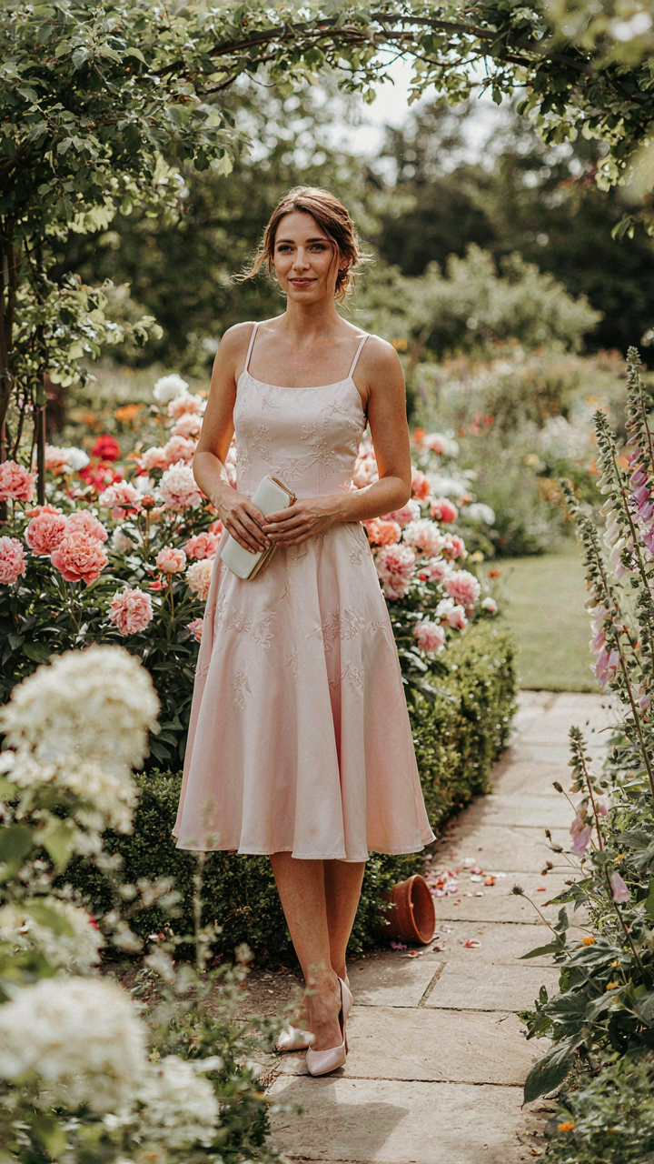 A woman in a beautiful wedding guest dress for apple shape stands in a garden.