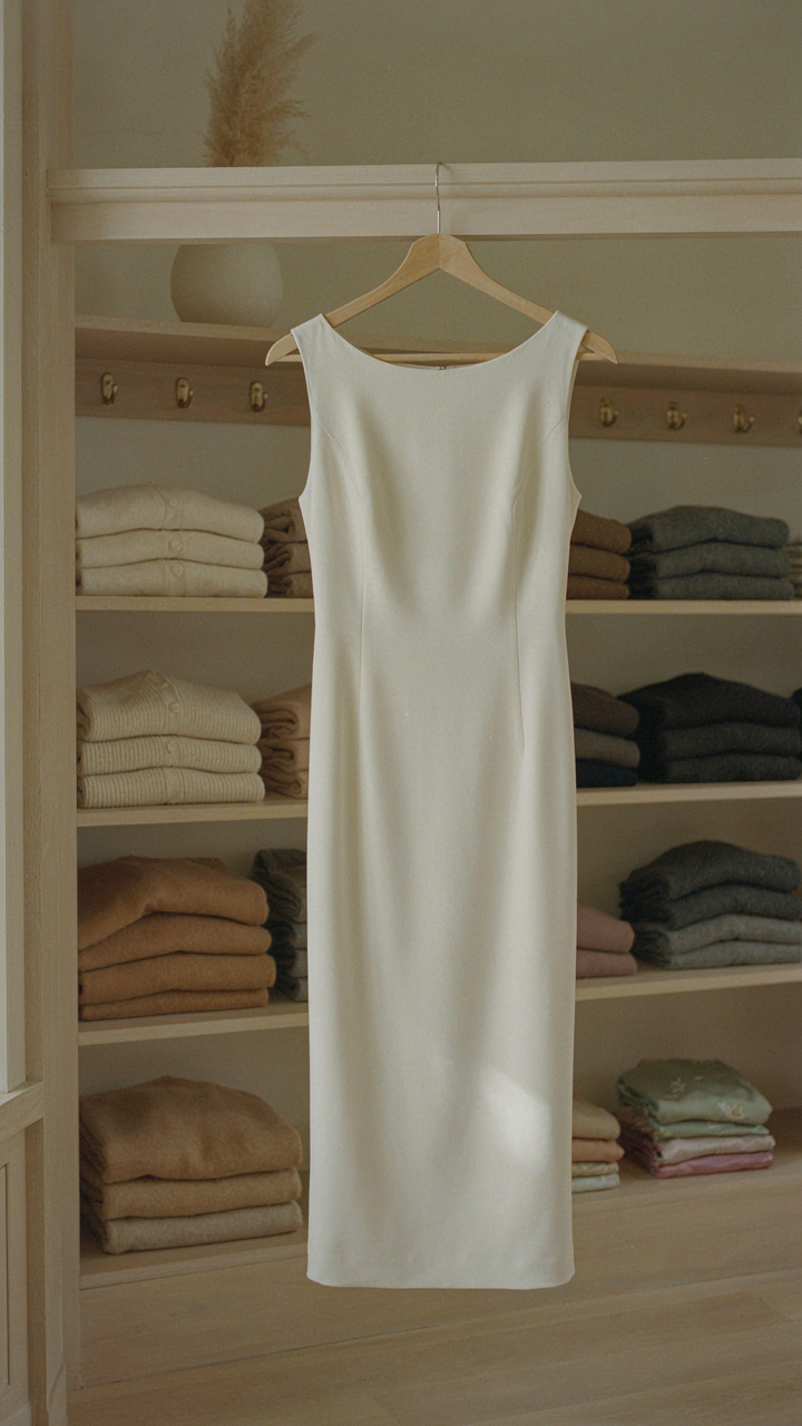 An elegant crepe sheath dress hanging in a closet.