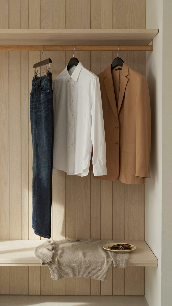 An organized closet displays essential upscale casual wardrobe pieces.