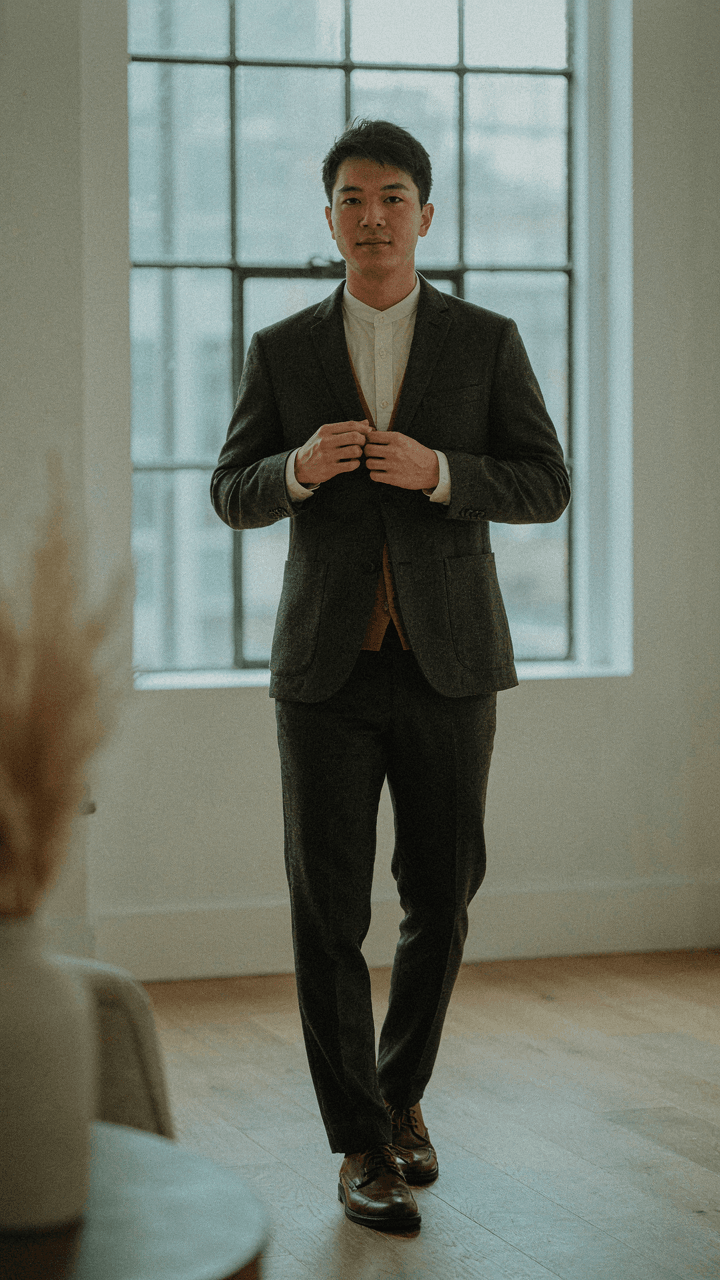 A person wears a tailored blazer, shirt, and vest for layering.