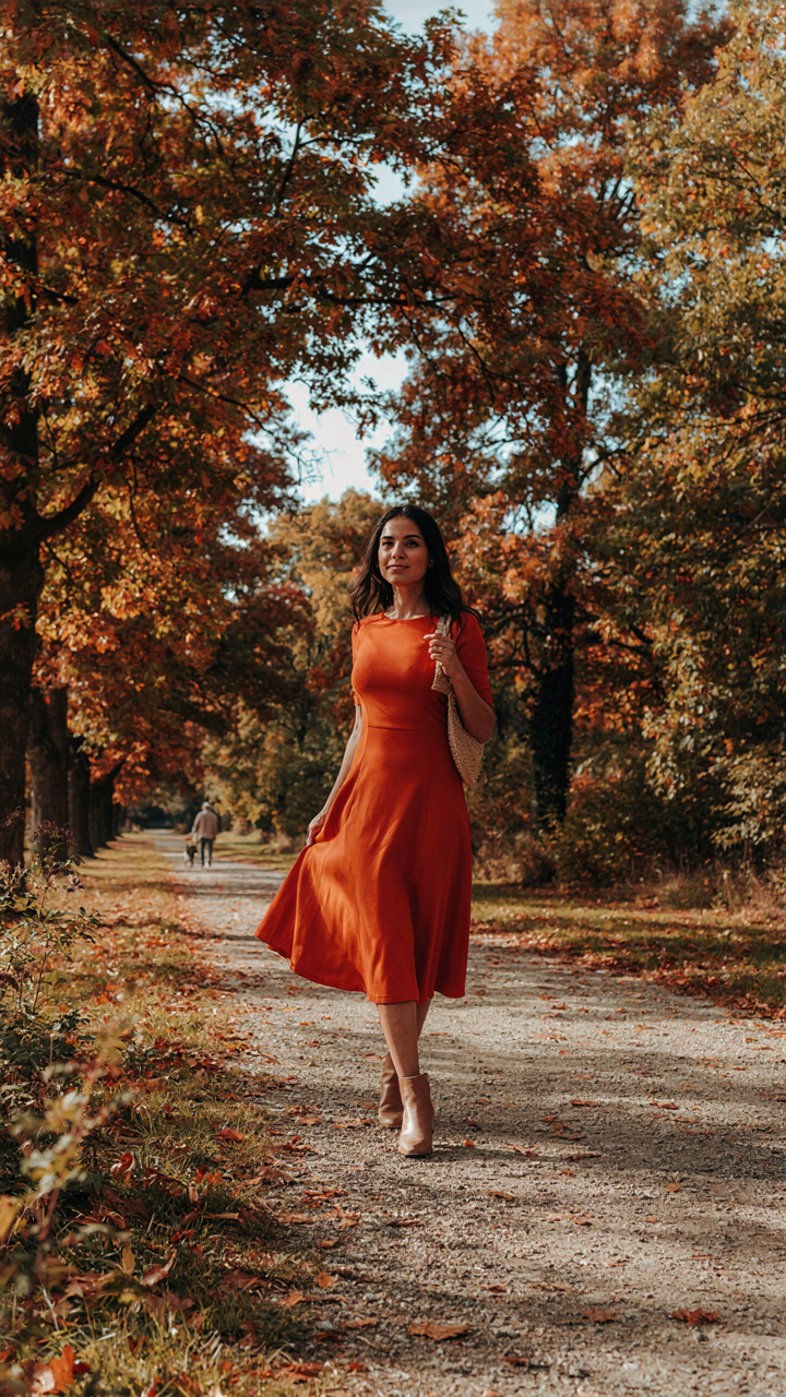 A woman with warm skin wearing a vibrant orange dress in a sunlit park.