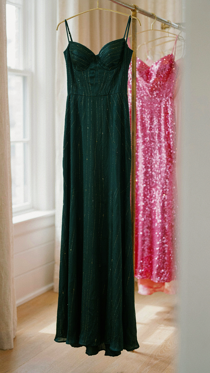 A dark emerald silk dress with gold threading hangs, blurring a neon sequin dress.