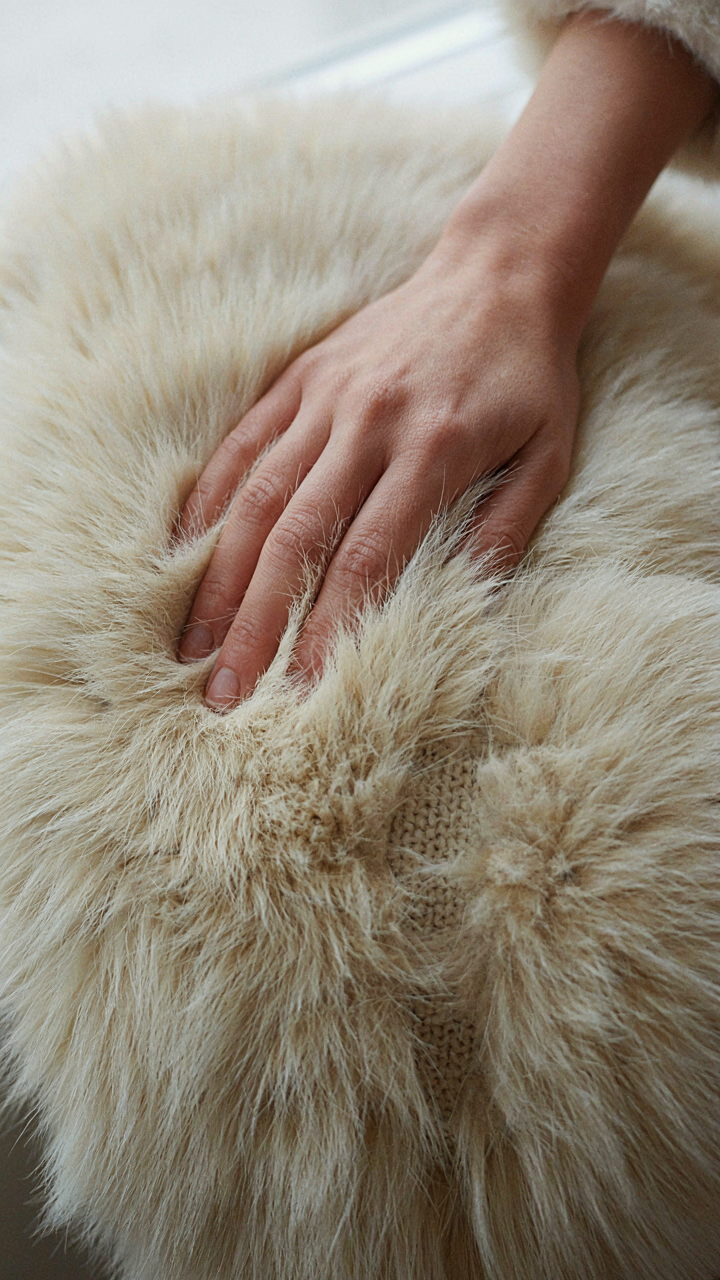 Hand checking the dense backing of a structured faux fur wrap.