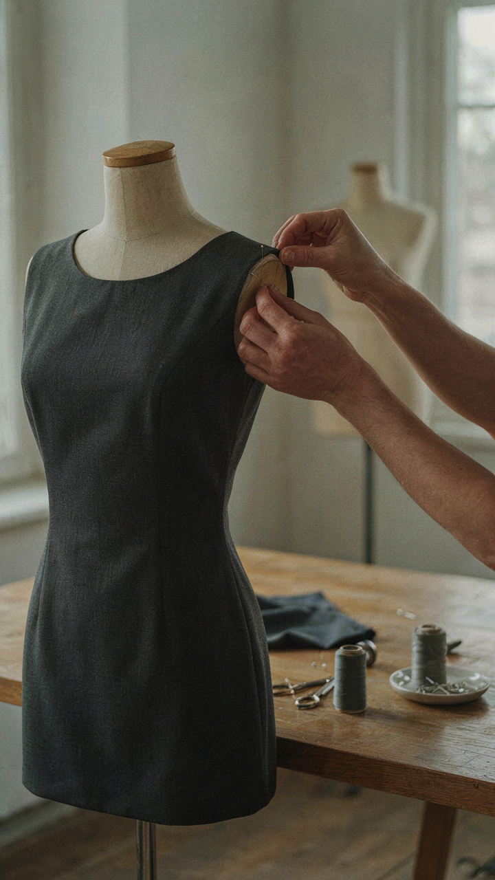 A tailor's hands fitting a dress precisely on a mannequin.