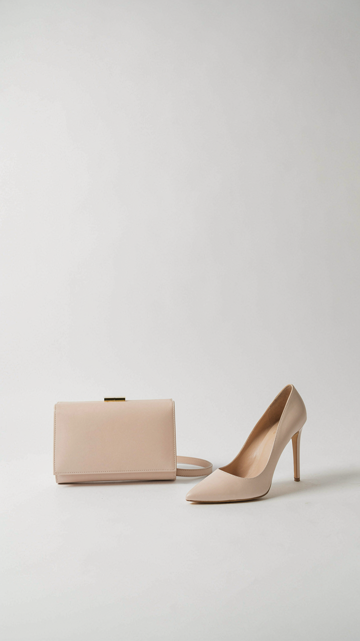 A structured clutch bag next to a single stiletto heel.