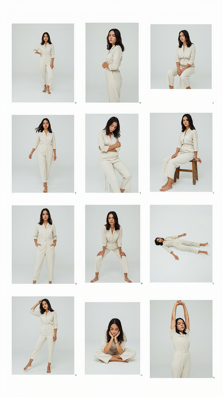A contact sheet of small photos showing a woman trying different poses.