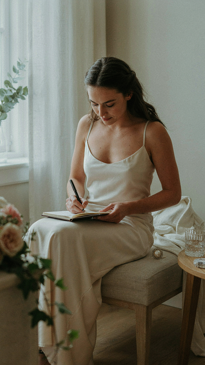A woman writes notes in a journal next to a used hair accessory.